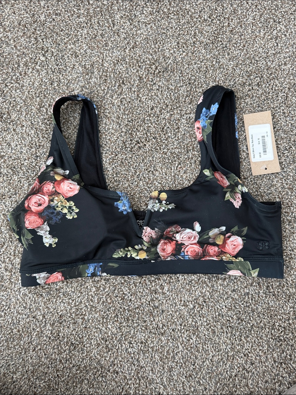 Albion Black Floral Bikini Top with Pink Rose and Blue Accents